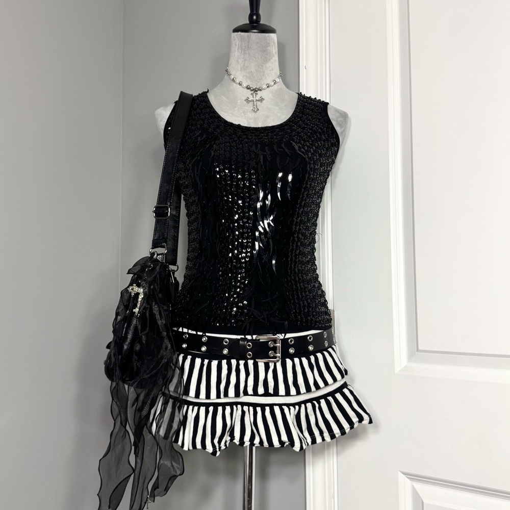 Y2K All Black Multi-Shape Full Sequin Sleeveless Top